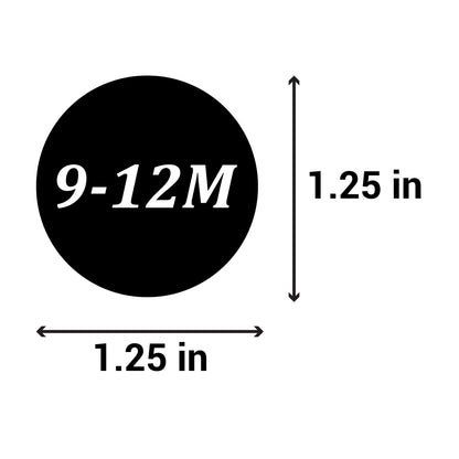 1.25in Sticker: Baby Clothing 9 to 12 Months Label Roll (Size 9-12M, Black)