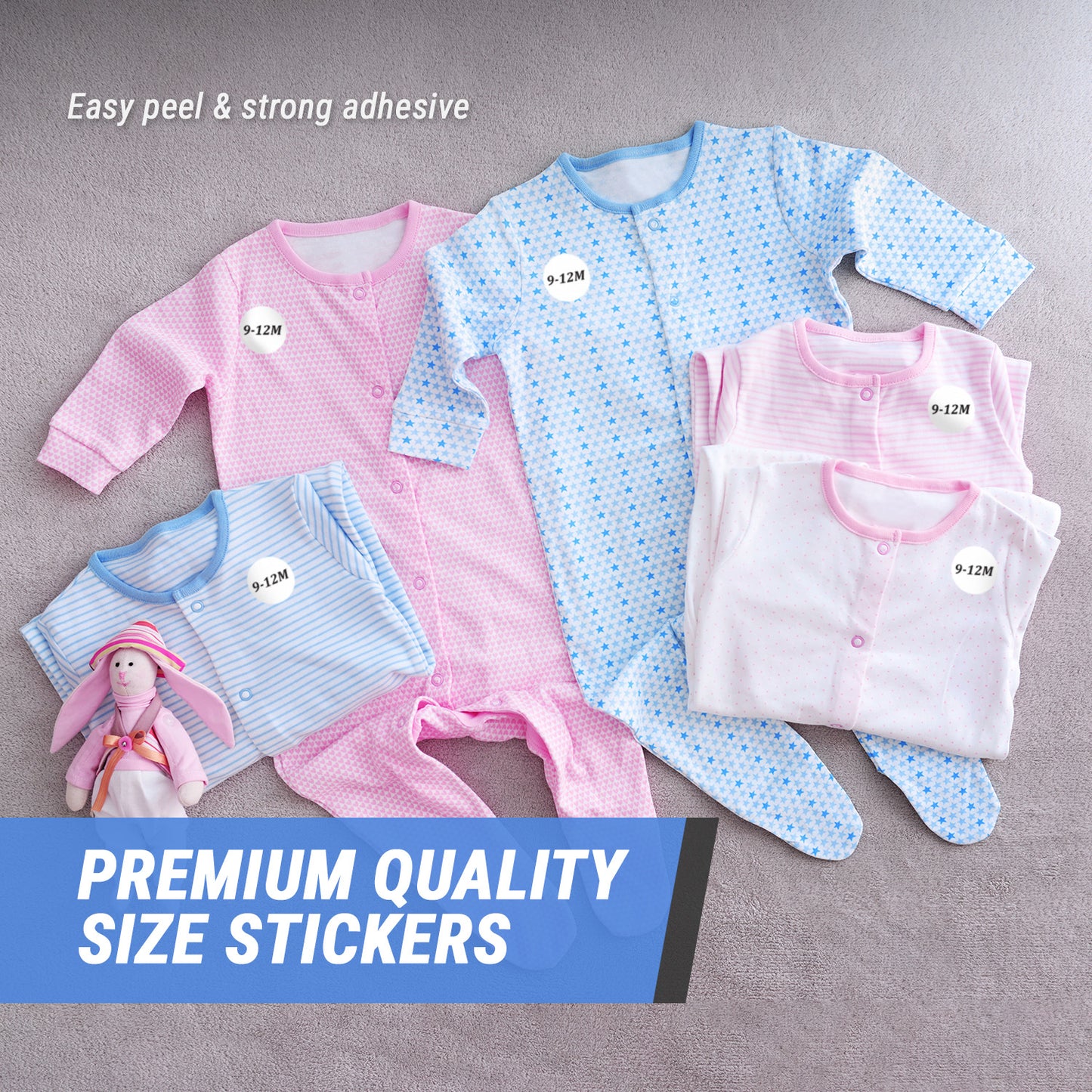 1.25in Sticker: Baby Clothing 9 to 12 Months Label Roll (Size 9-12M, White)