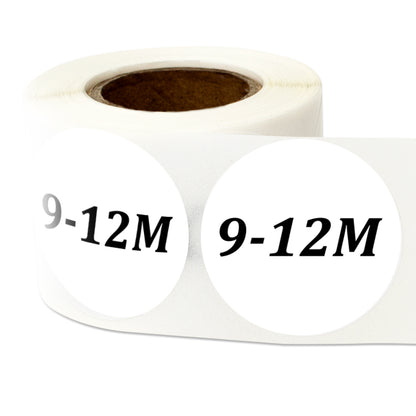1.25in Sticker: Baby Clothing 9 to 12 Months Label Roll (Size 9-12M, White)