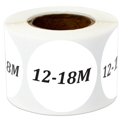 1.25in Sticker: Baby Clothing 12 to 18 Months Label Roll (Size 12-18M, White)