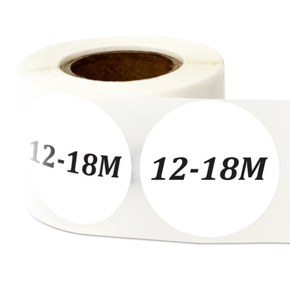 1.25in Sticker: Baby Clothing 12 to 18 Months Label Roll (Size 12-18M, White)