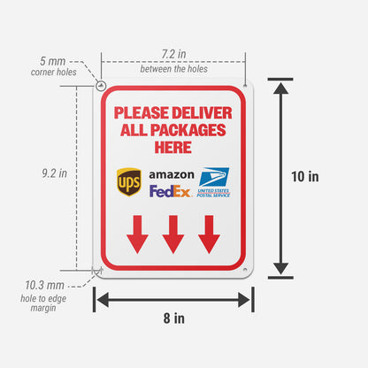 8 x 10in Mail Sign: Please Deliver All Packages Here (Down Arrow)