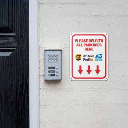 8 x 10in Mail Sign: Please Deliver All Packages Here (Down Arrow)