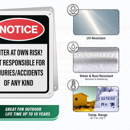 8 x 10in Trespassing Warning Sign: Notice! Enter At Your Own Risk