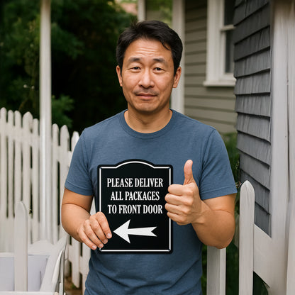 8 x 10in Mail Sign: Please Deliver All Packages to Front Door (Left Arrow)