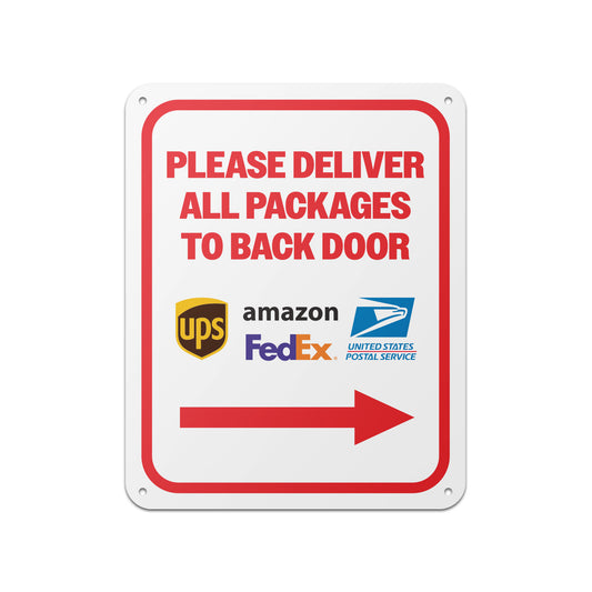 8 x 10in Mail Sign: Please, Deliver All Packages to the Back Door (Right Arrow)