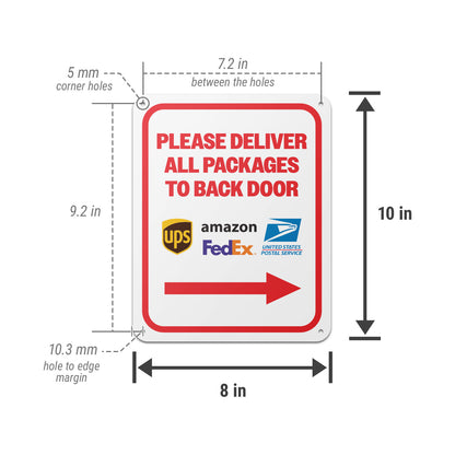 8 x 10in Mail Sign: Please, Deliver All Packages to the Back Door (Right Arrow)