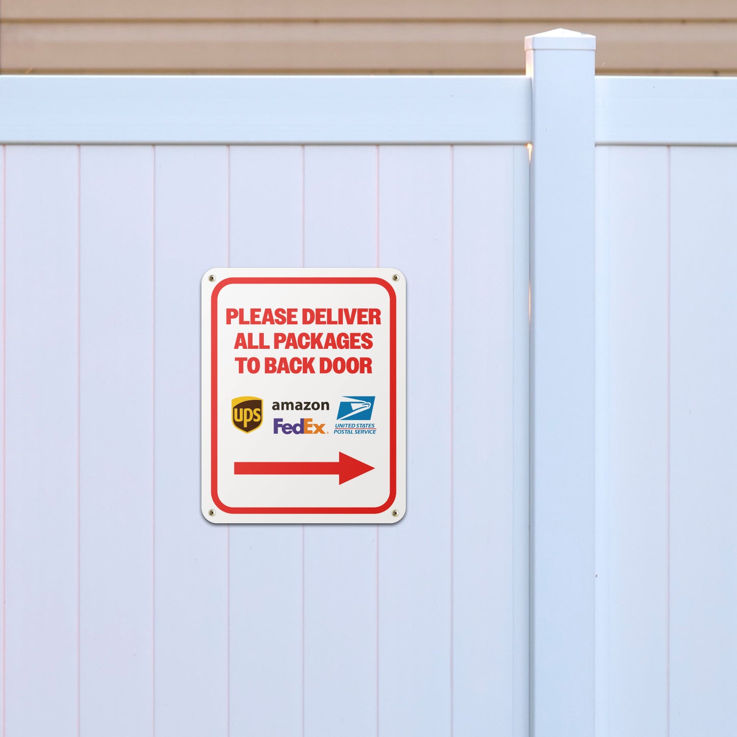 8 x 10in Mail Sign: Please, Deliver All Packages to the Back Door (Right Arrow)