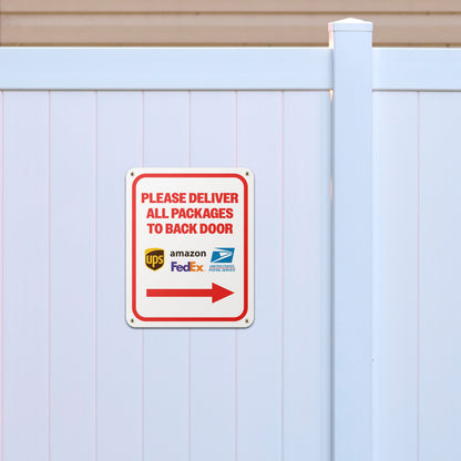 8 x 10in Mail Sign: Please, Deliver All Packages to the Back Door (Right Arrow)