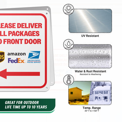 8 x 10in Mail Sign: Please Deliver All Packages to Front Door (Red Arrow)