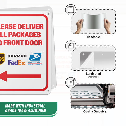 8 x 10in Mail Sign: Please Deliver All Packages to Front Door (Red Arrow)