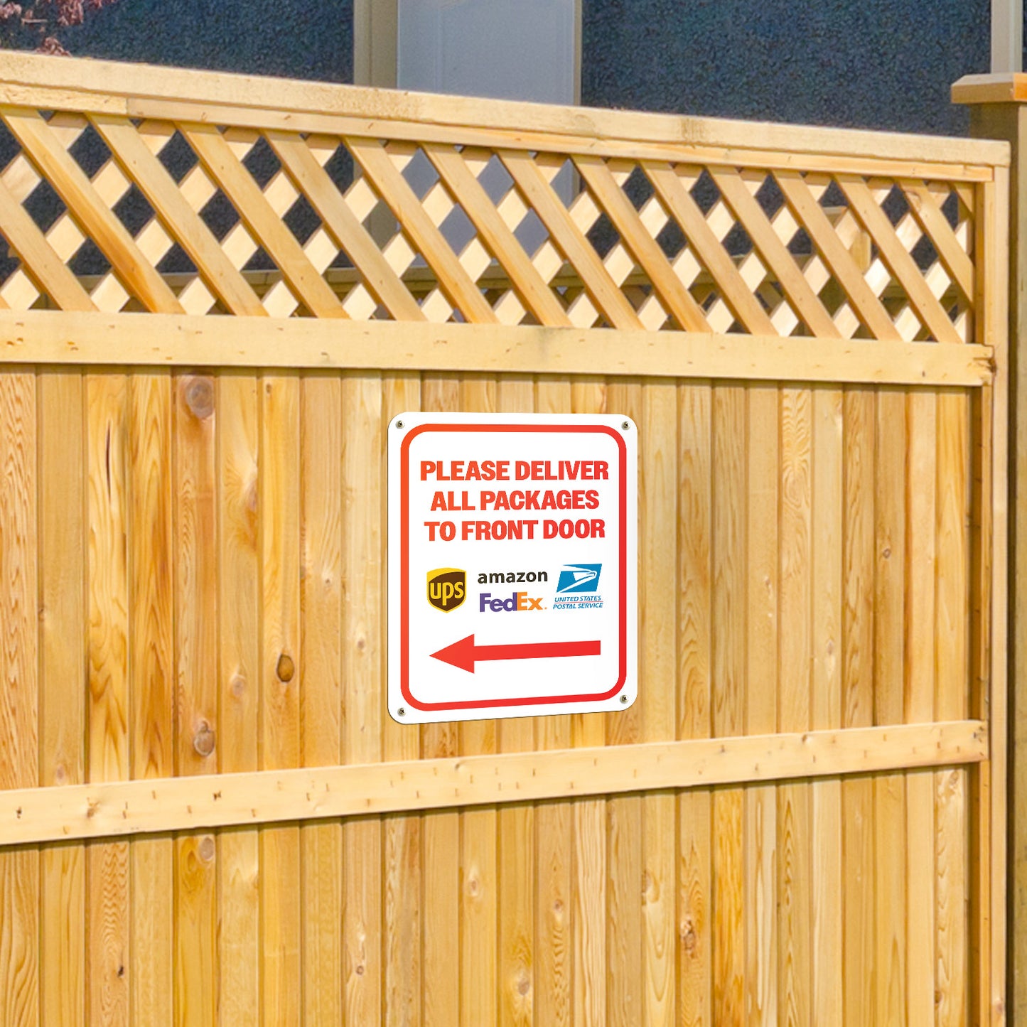 8 x 10in Mail Sign: Please Deliver All Packages to Front Door (Red Arrow)