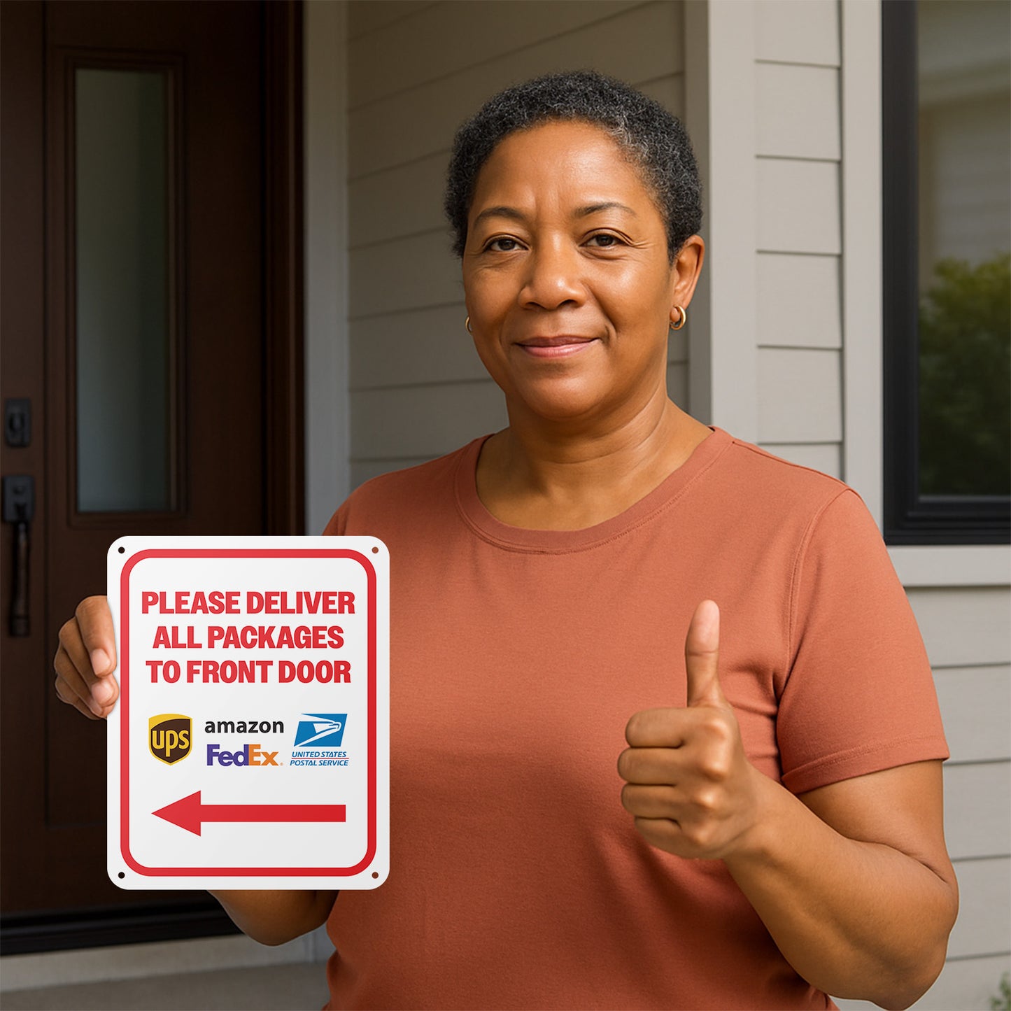 8 x 10in Mail Sign: Please Deliver All Packages to Front Door (Red Arrow)