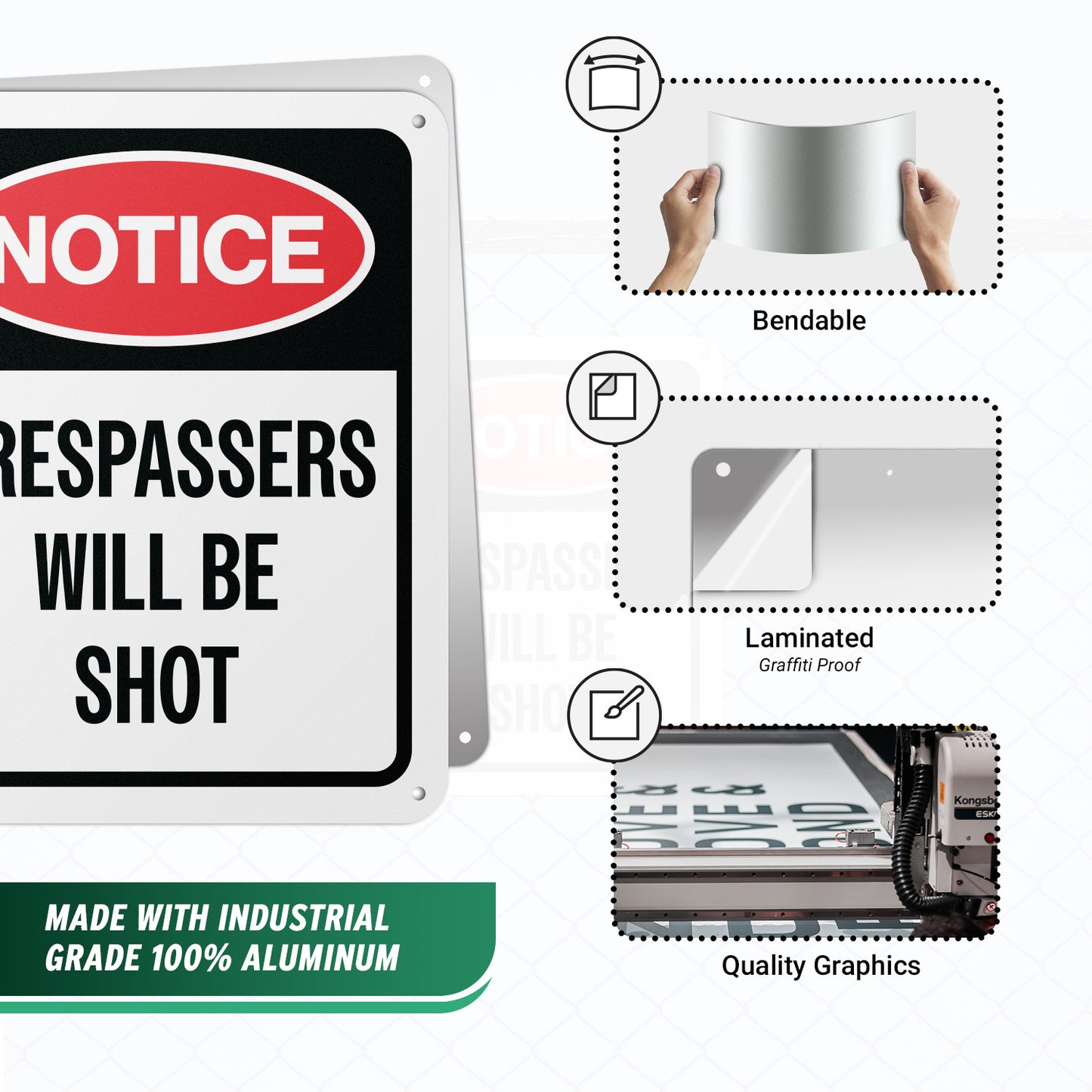 8 x 10in Warning Sign: Trespassers Will Be Shot Notice