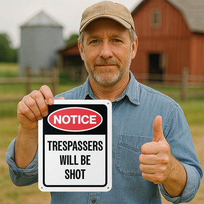 8 x 10in Warning Sign: Trespassers Will Be Shot Notice