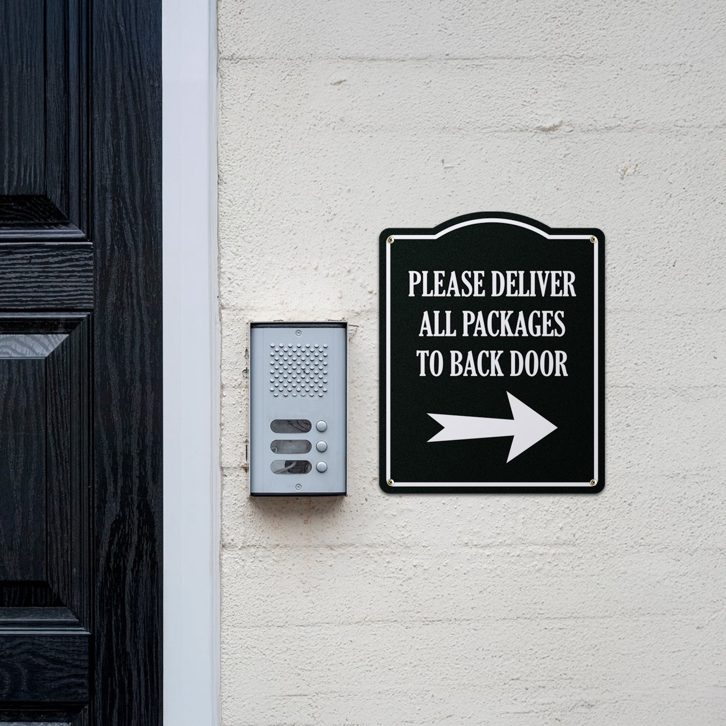 8 x 10in Aluminum Sign: Please Deliver All Packages to Back Door (Right Arrow)