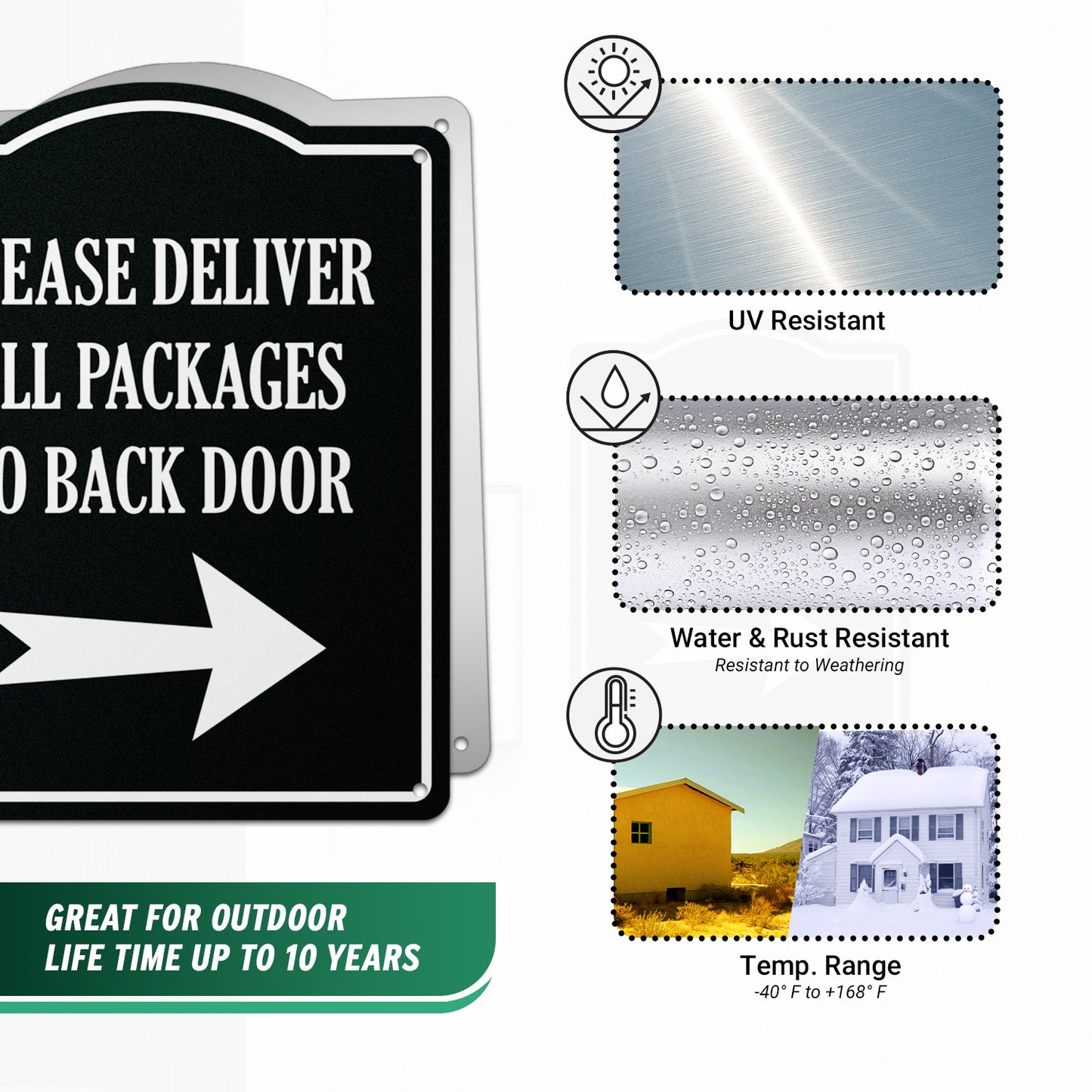 8 x 10in Aluminum Sign: Please Deliver All Packages to Back Door (Right Arrow)