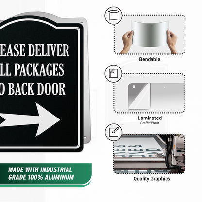 8 x 10in Aluminum Sign: Please Deliver All Packages to Back Door (Right Arrow)