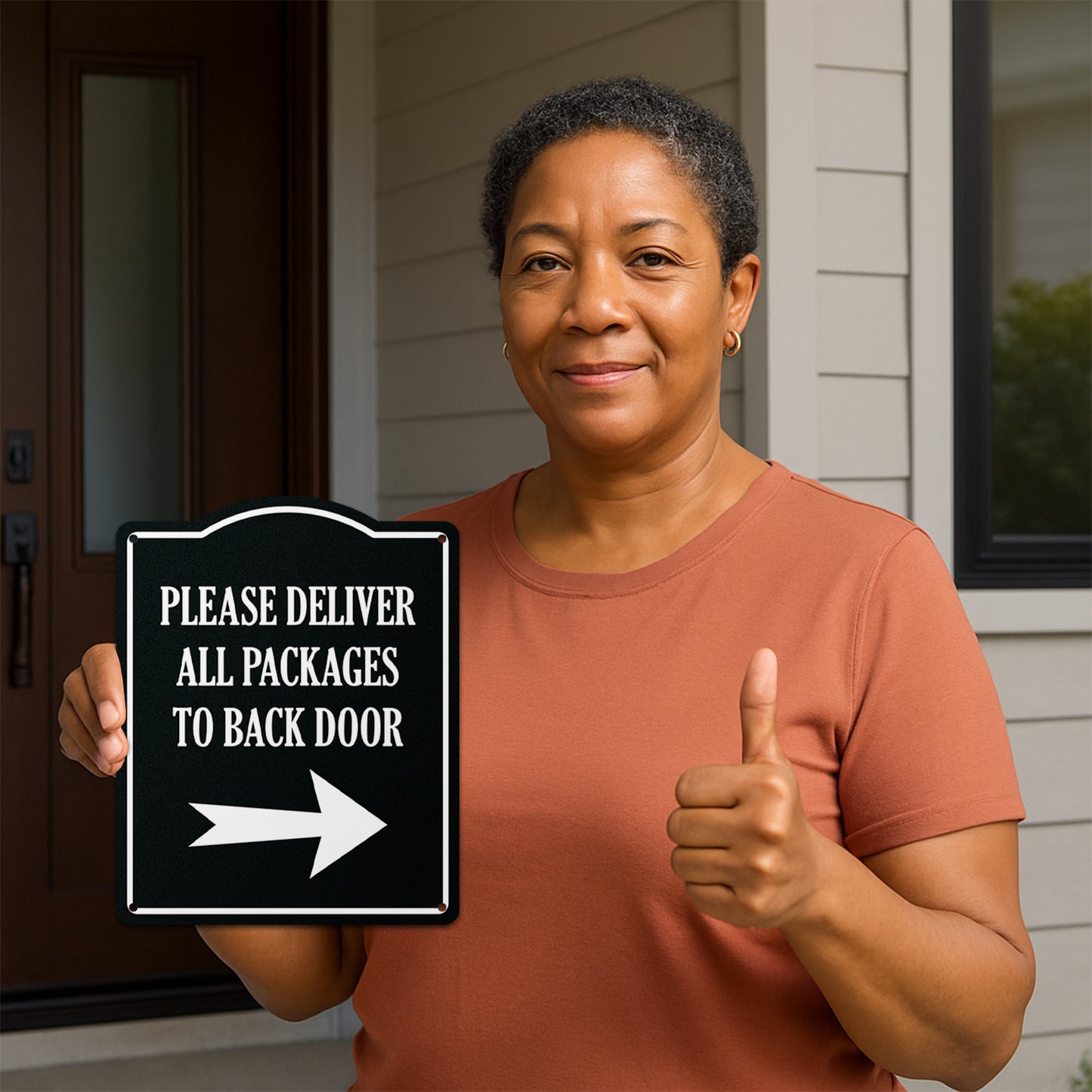 8 x 10in Aluminum Sign: Please Deliver All Packages to Back Door (Right Arrow)