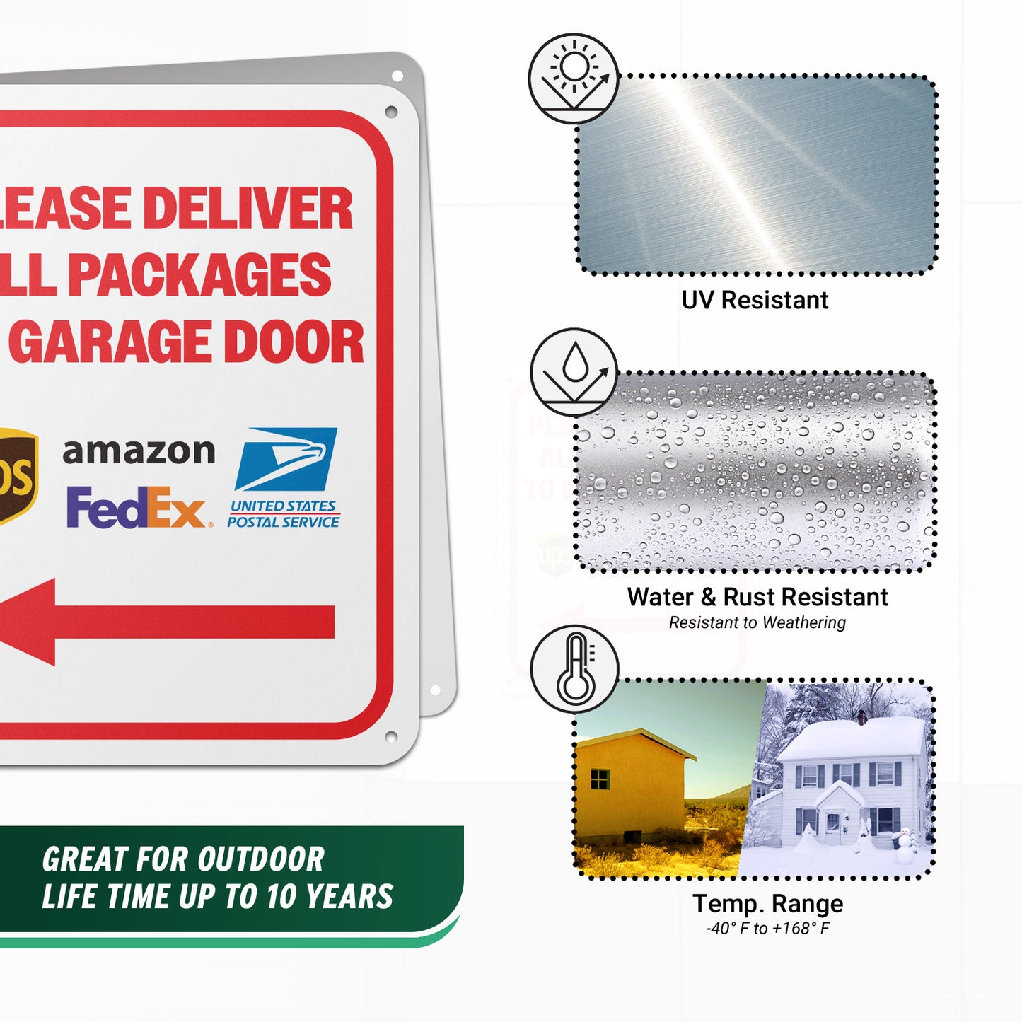 8 x 10in Aluminum Sign: Please Deliver All Packages to Garage Door (Left Arrow)