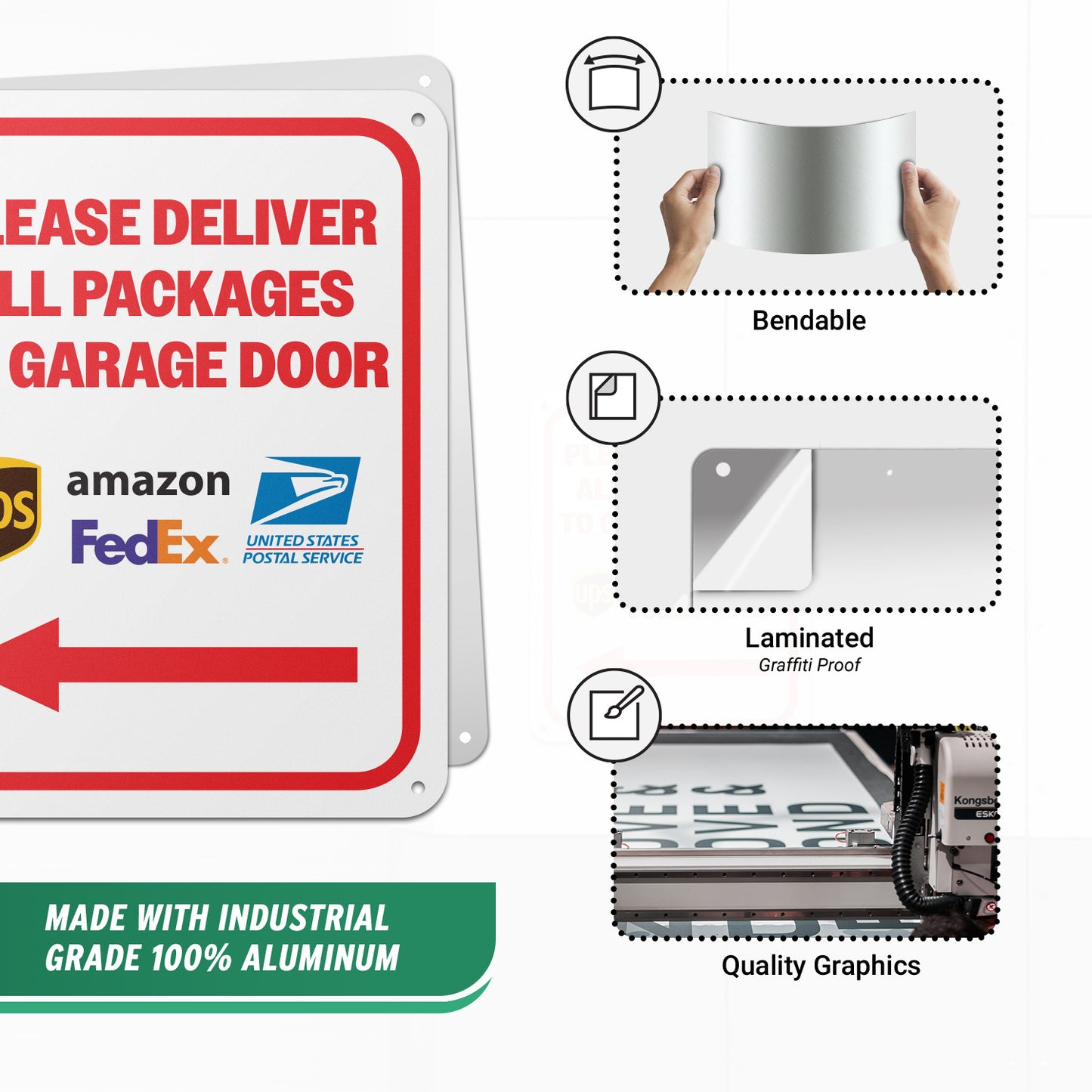 8 x 10in Aluminum Sign: Please Deliver All Packages to Garage Door (Left Arrow)