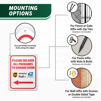 8 x 10in Aluminum Sign: Please Deliver All Packages to Garage Door (Left Arrow)