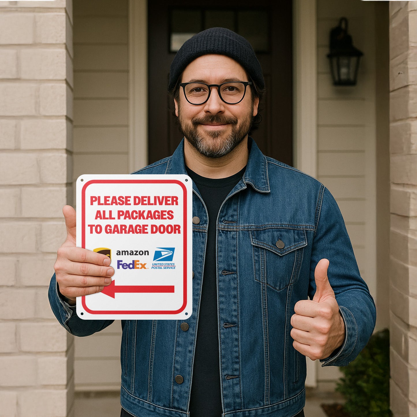 8 x 10in Aluminum Sign: Please Deliver All Packages to Garage Door (Left Arrow)