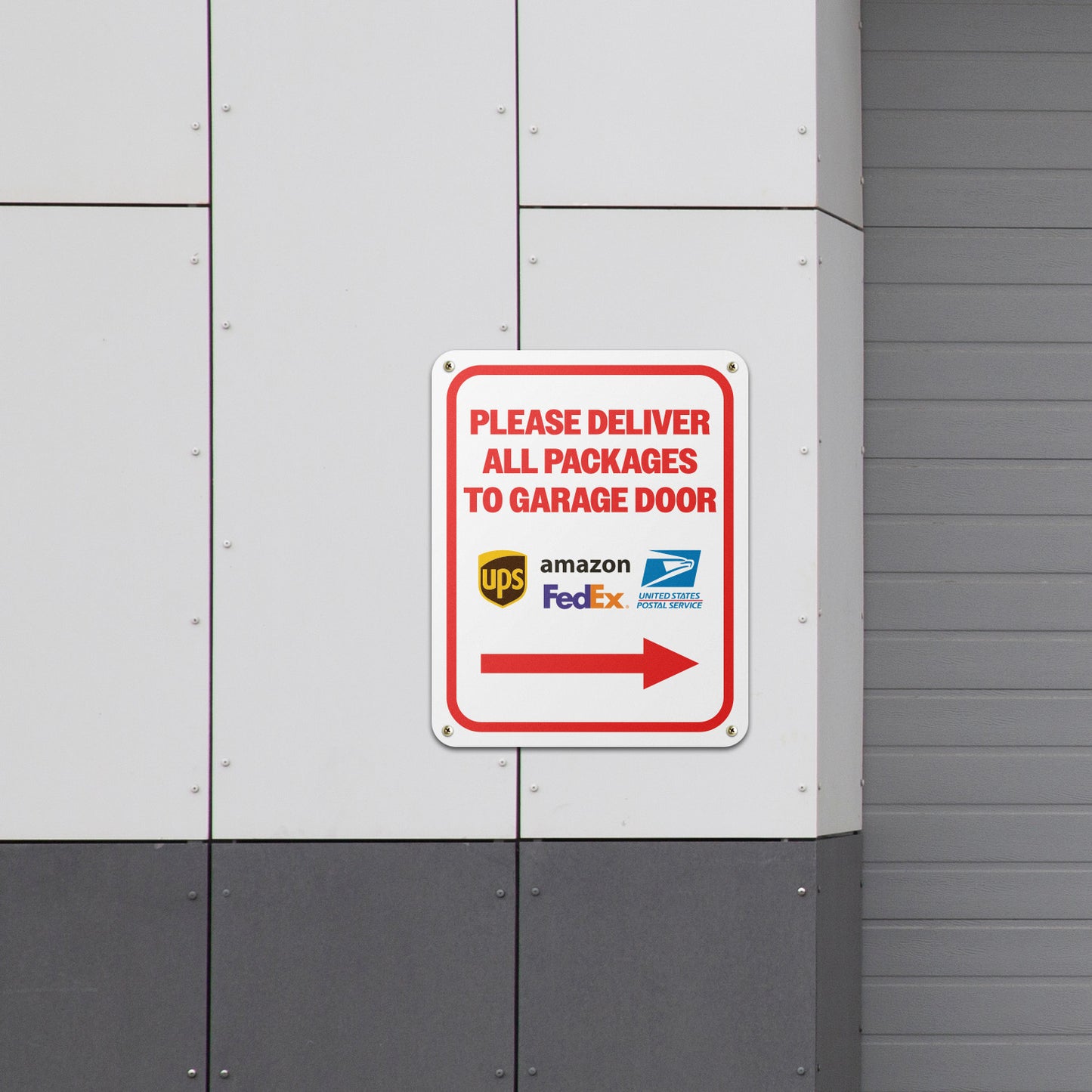 8 x 10in Aluminum Sign: Please Deliver All Packages to Garage Door (Right Arrow)