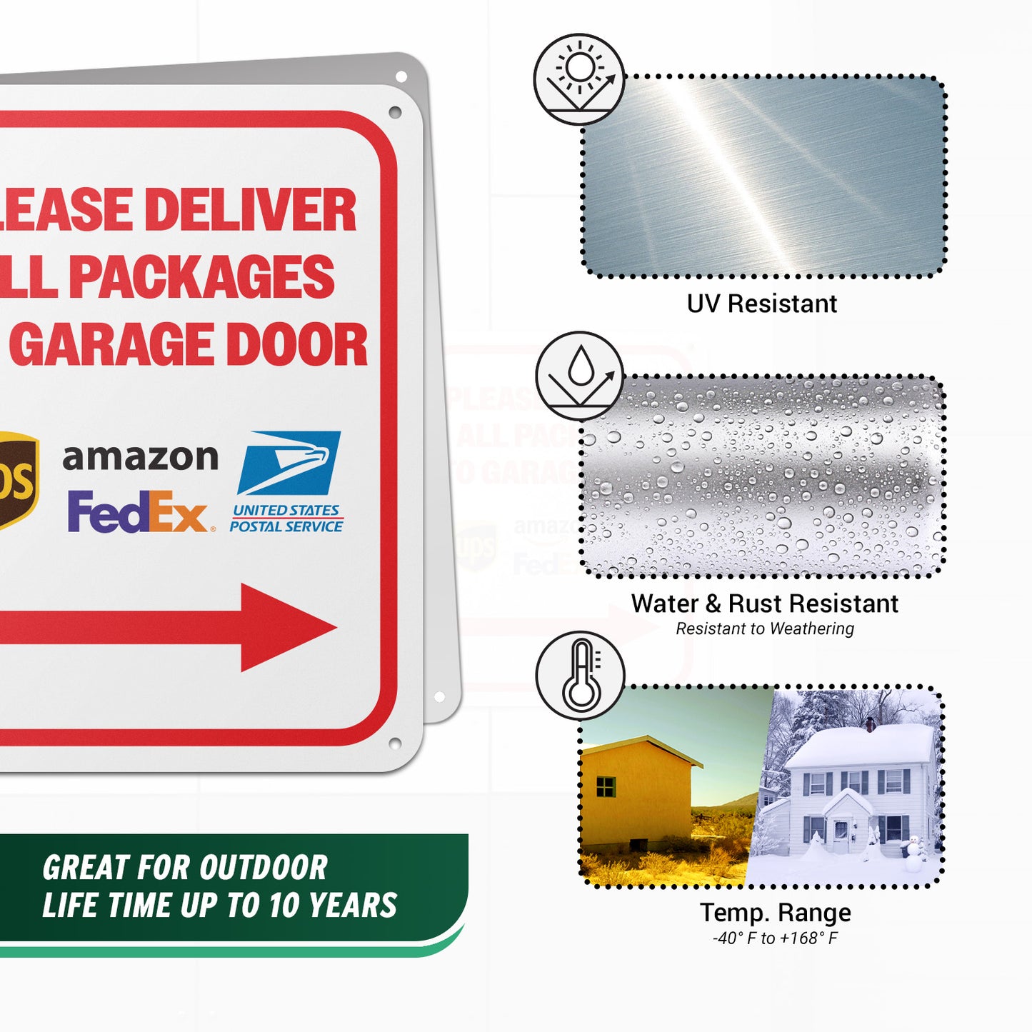 8 x 10in Aluminum Sign: Please Deliver All Packages to Garage Door (Right Arrow)