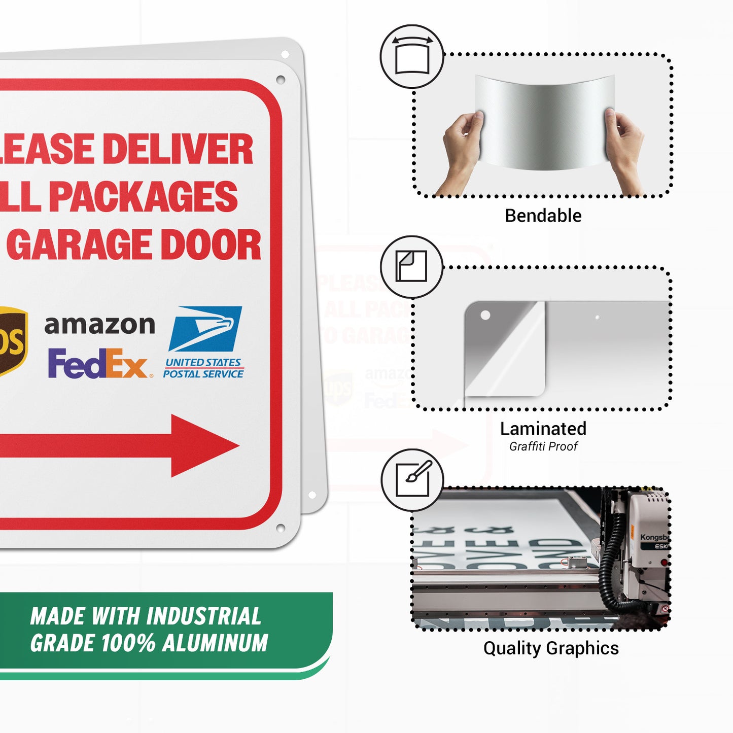 8 x 10in Aluminum Sign: Please Deliver All Packages to Garage Door (Right Arrow)