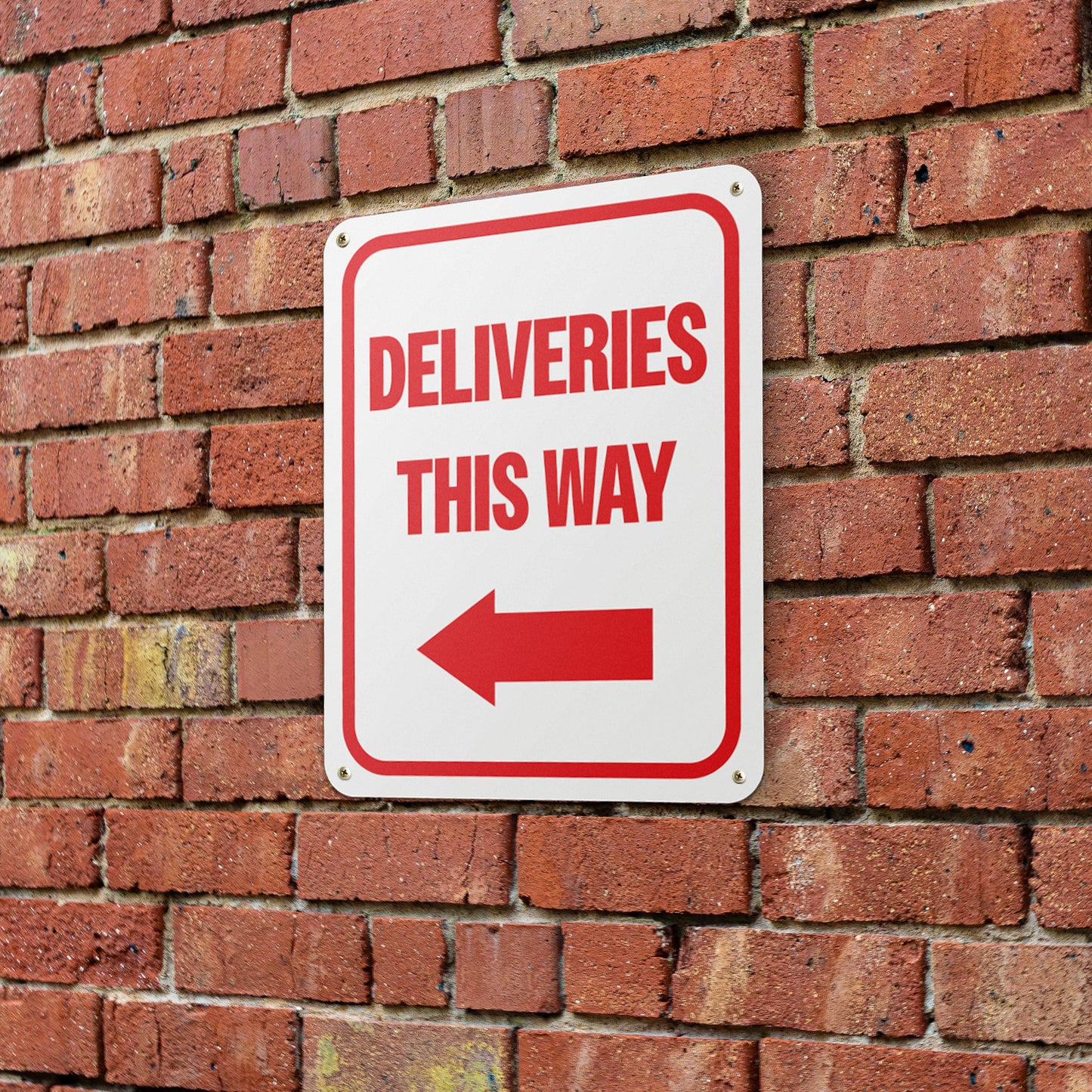 8 x 10in Aluminum Sign: Deliveries This Way (Left Arrow)