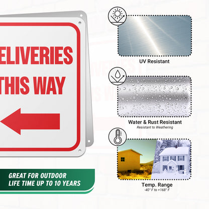 8 x 10in Aluminum Sign: Deliveries This Way (Left Arrow)