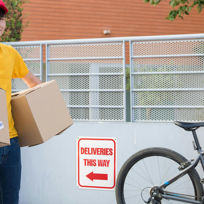 8 x 10in Aluminum Sign: Deliveries This Way (Left Arrow)