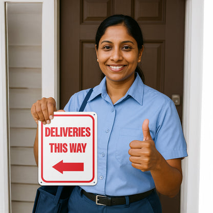 8 x 10in Aluminum Sign: Deliveries This Way (Left Arrow)