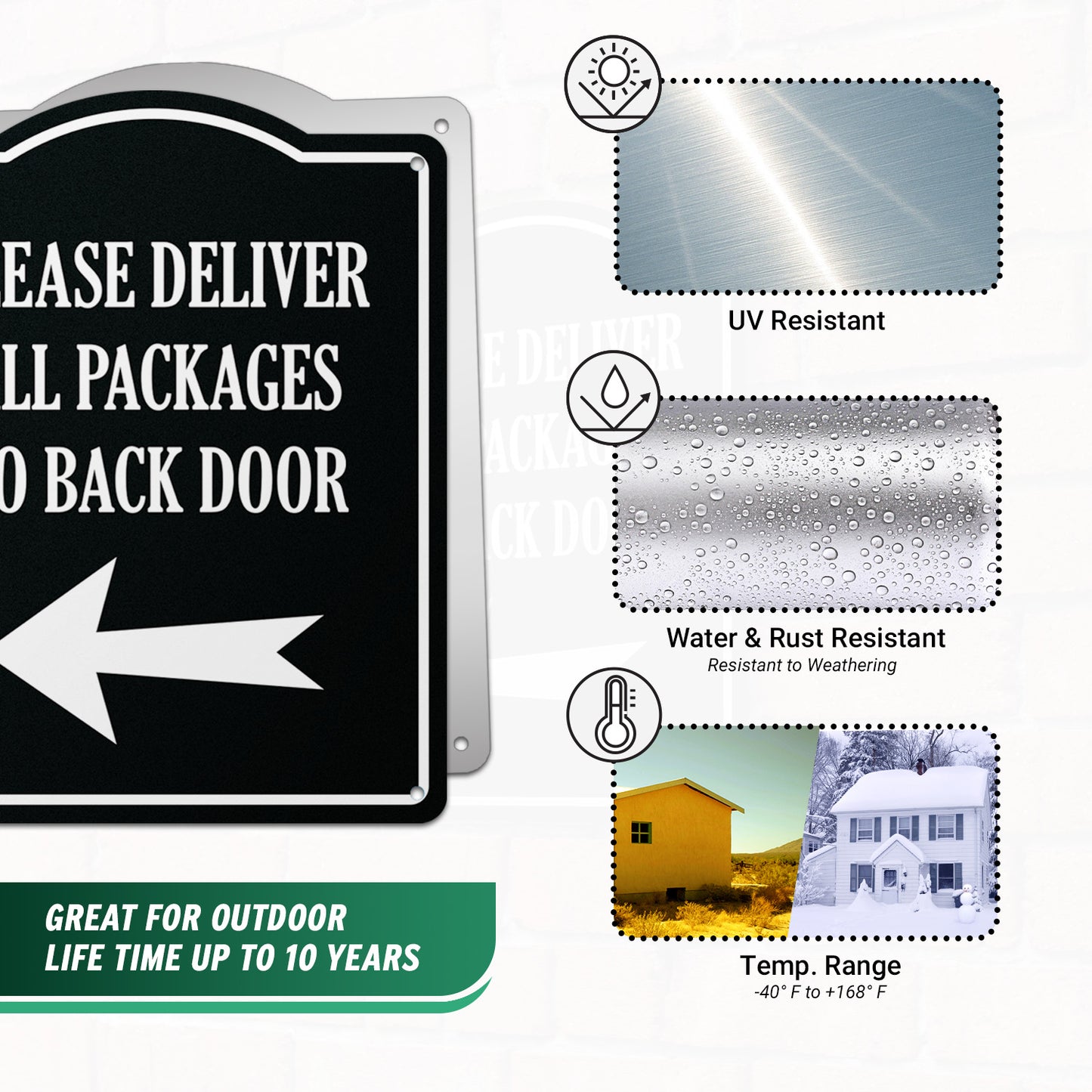 8 x 10in Aluminum Sign: Please Deliver All Packages to Back Door (Left Arrow)