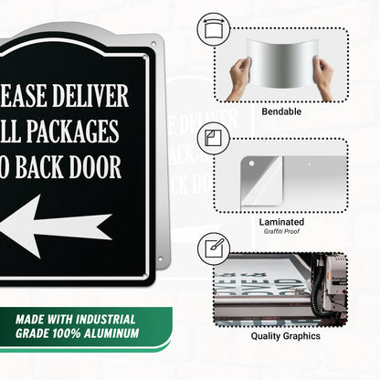8 x 10in Aluminum Sign: Please Deliver All Packages to Back Door (Left Arrow)
