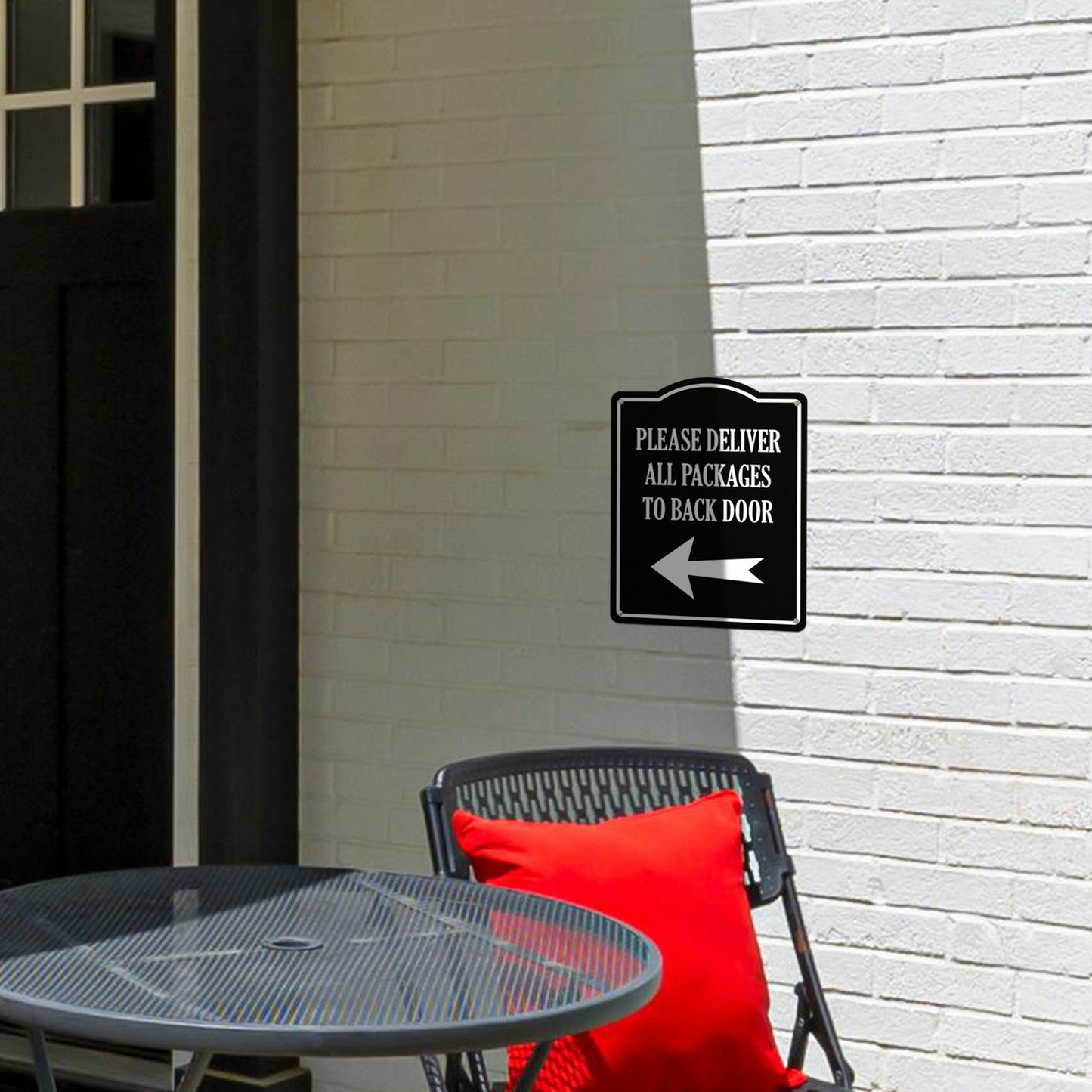 8 x 10in Aluminum Sign: Please Deliver All Packages to Back Door (Left Arrow)