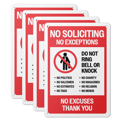 7 x 10in Aluminum Sign: No Soliciting No Exceptions Warning