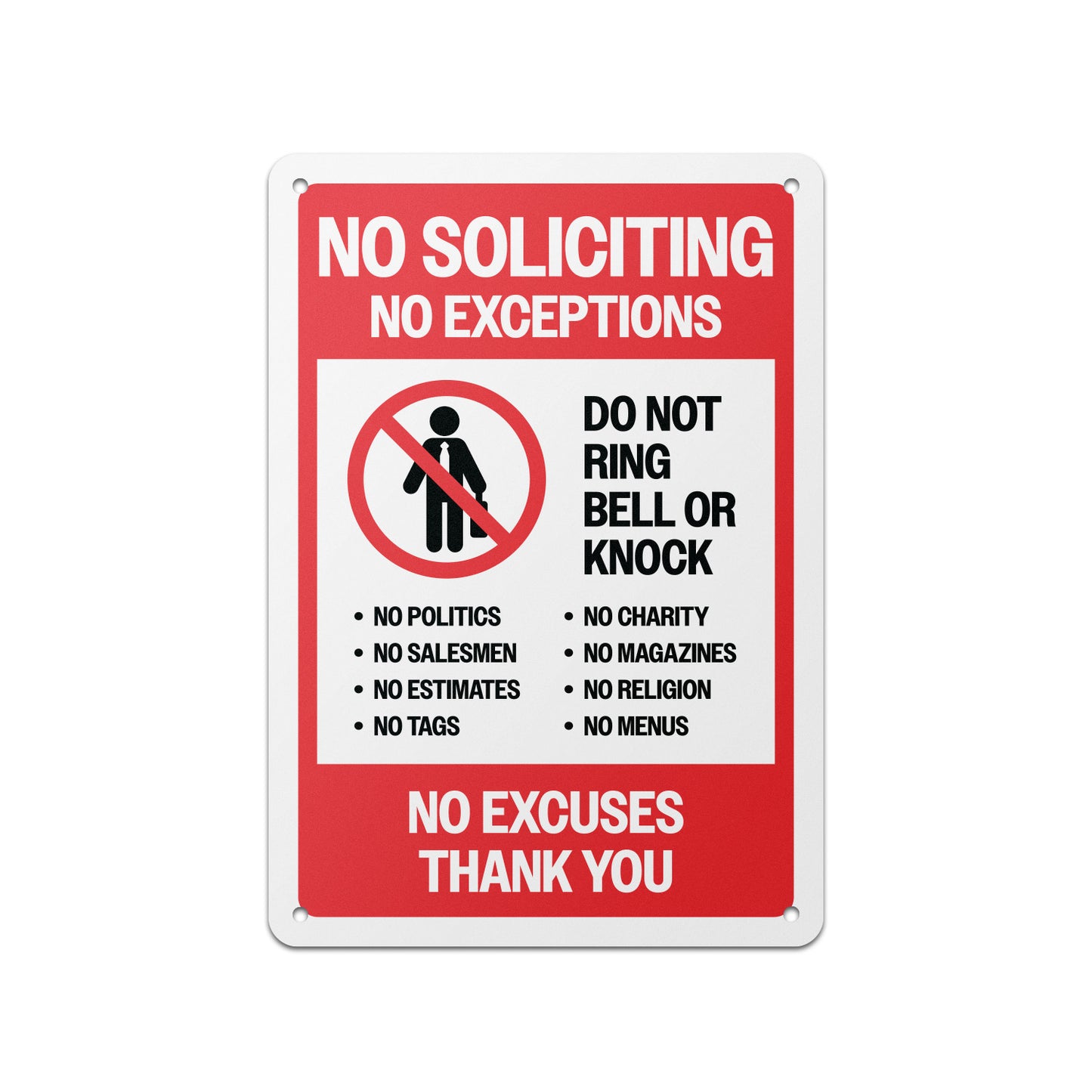 7 x 10in Aluminum Sign: No Soliciting No Exceptions Warning