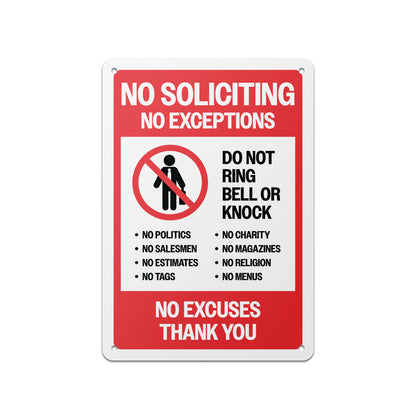 7 x 10in Aluminum Sign: No Soliciting No Exceptions Warning