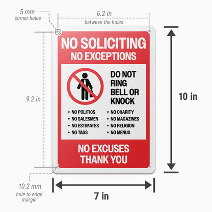 7 x 10in Aluminum Sign: No Soliciting No Exceptions Warning