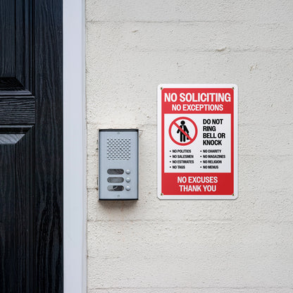 7 x 10in Aluminum Sign: No Soliciting No Exceptions Warning