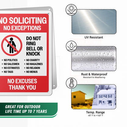 7 x 10in Aluminum Sign: No Soliciting No Exceptions Warning