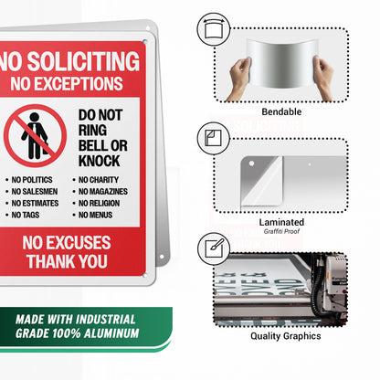 7 x 10in Aluminum Sign: No Soliciting No Exceptions Warning