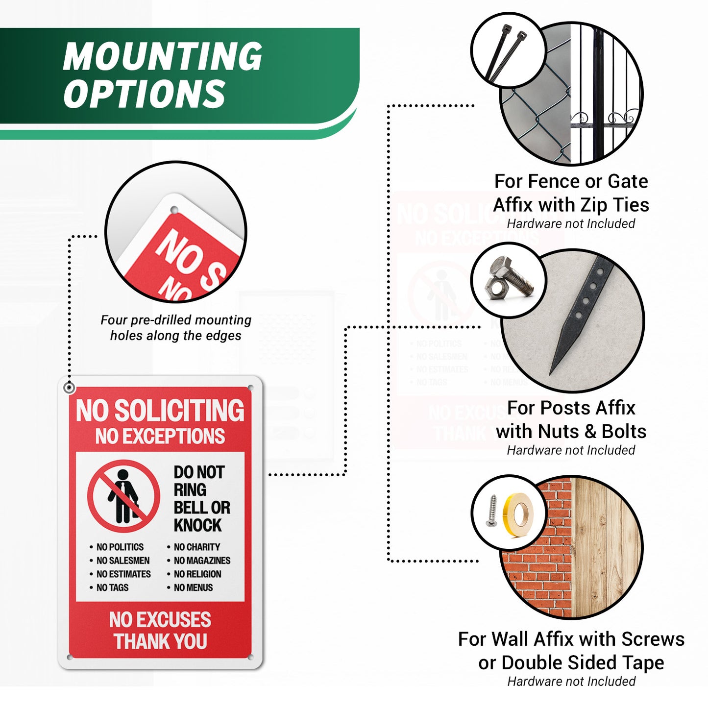 7 x 10in Aluminum Sign: No Soliciting No Exceptions Warning