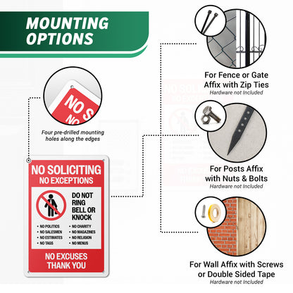 7 x 10in Aluminum Sign: No Soliciting No Exceptions Warning