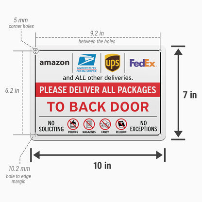 10 x 7in Aluminum Sign: Please Deliver All Packages to Back Door
