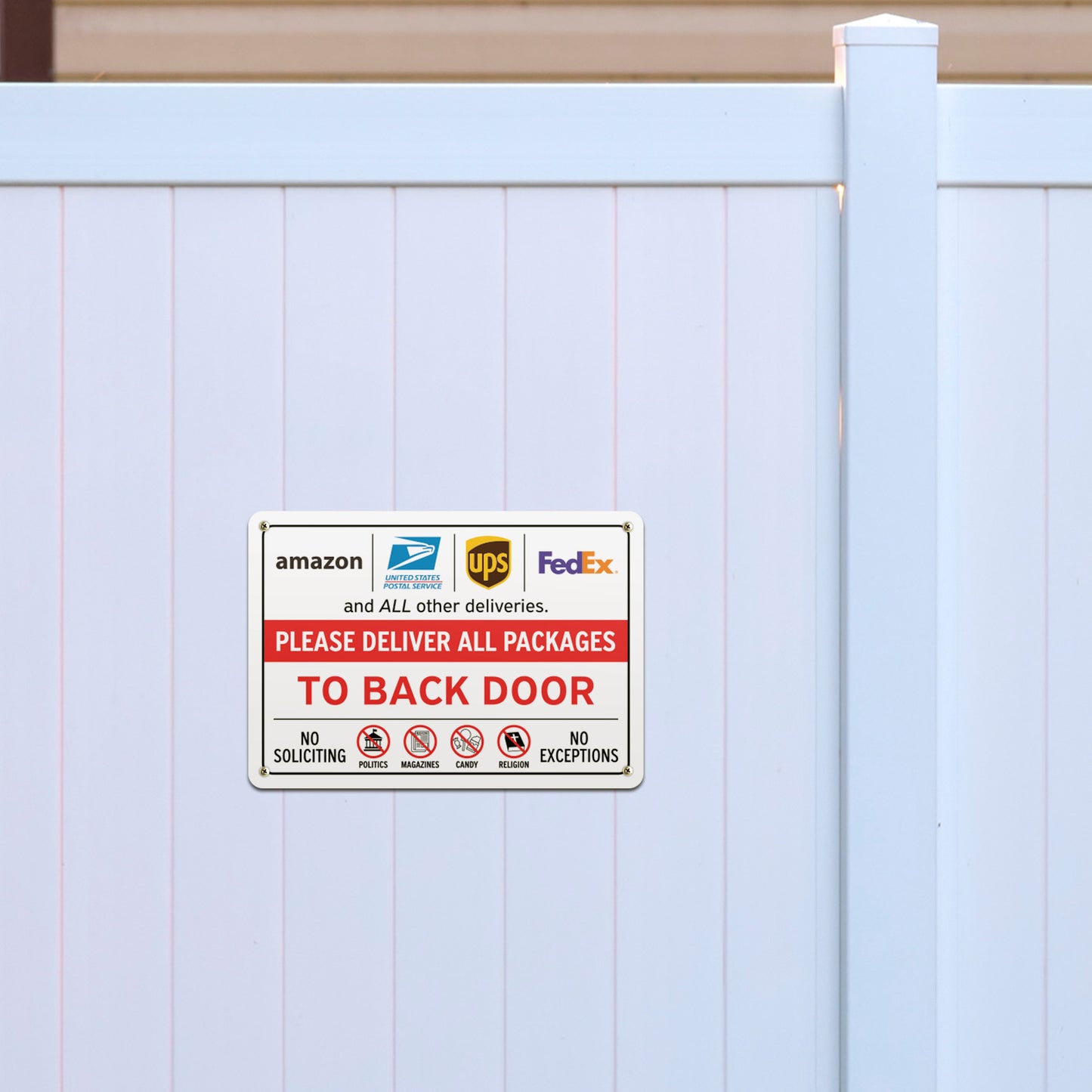 10 x 7in Aluminum Sign: Please Deliver All Packages to Back Door