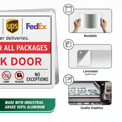10 x 7in Aluminum Sign: Please Deliver All Packages to Back Door