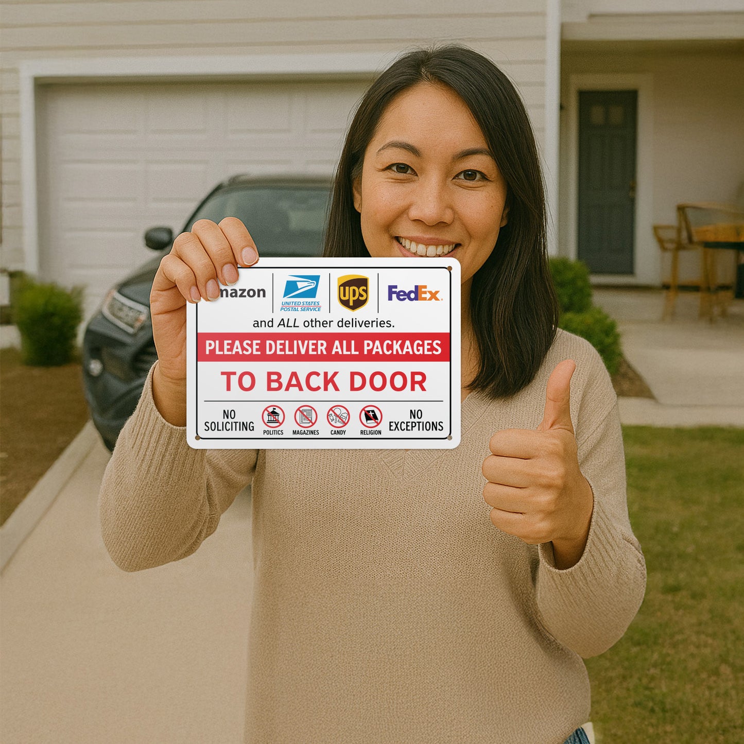 10 x 7in Aluminum Sign: Please Deliver All Packages to Back Door